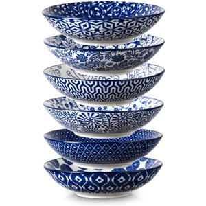 Selamica Ceramic 30oz Large Pasta Salad Bowls 8 Inch Wide and Shallow Soup Bowls, Stackable, Microwave and Oven Safe, Set Of 6, Vintage Blue