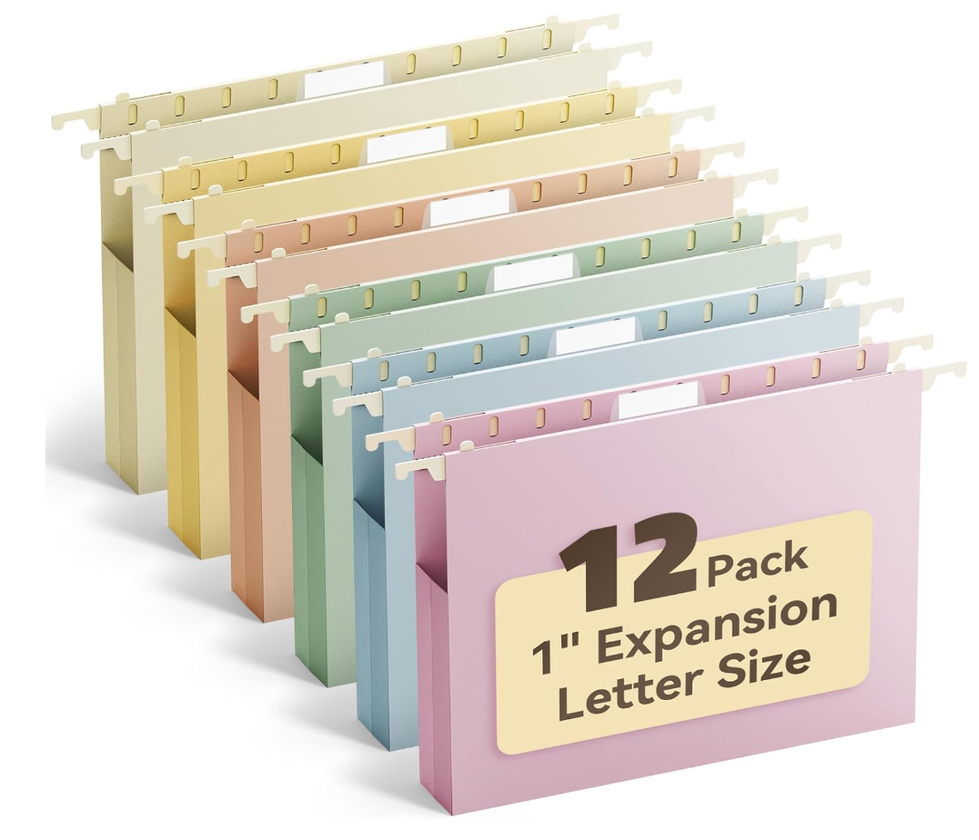 Ansook Hanging File Folders Letter Size Extra Capacity,Heavy Duty 1" Expandable Letter File Folders Hanging with Tabs,12 Pack Plastic File Cabinet Folders for File Frame/Box,Hanging File Organizer