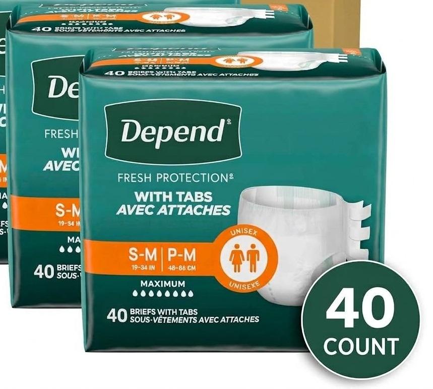 Depend Adult Diapers with Tabs, Incontinence Protection with Tabs, Unisex, Small/Medium (1934" Waist, Up To 170 lbs), Maximum Absorbency, 60 Count (2 Packs of 20)