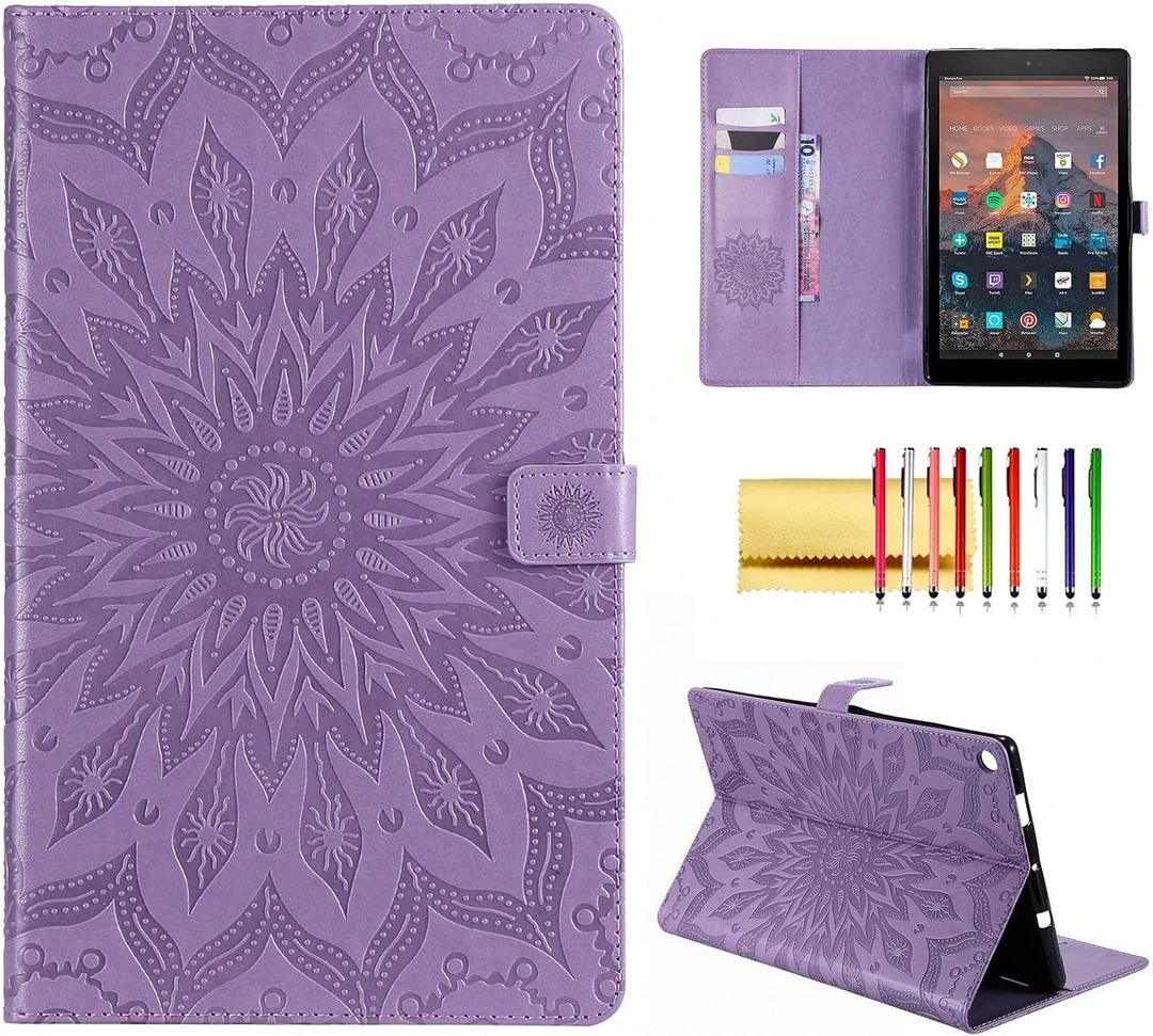 Folio Case for Fire HD 10 (9th/7th/5th Generation, 2019/2017/2015 Release), Techcircle Sunflower Embossed Stand Protective Cover with Card/Cash Holder, for Amazon Fire HD 10.1 Inch Tablet, Purple (A - Purple)