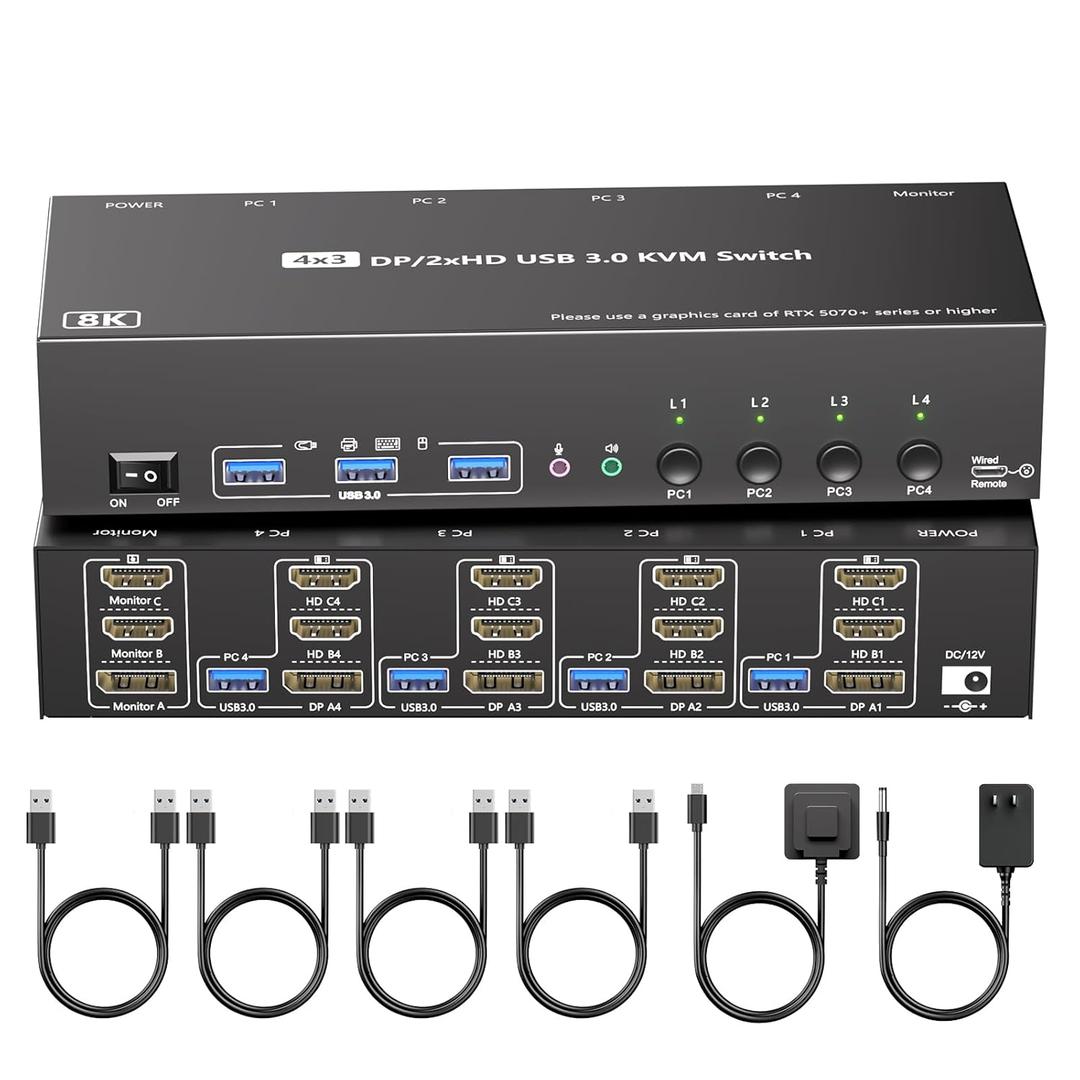 KVM Switch 3 Monitors 4 Computers with Audio, HDMI + DisplayPort 8K@30Hz/4k@144Hz DP KVM Switcher, USB 3.0 KVM Switches for 4 PC Share 3 Display, Suitable for Office/Work from Home, Programmer Setup