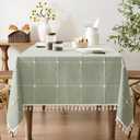 ZeeMart Boho Grid Table Cloth with Tassels (Sage Green, 52" x 52"), Heavy Weight Linen Checked Embroidered Farmhouse Tablecloth, Water Resistant Square Green Tablecloths