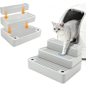 Adjustable 3 Steps Cat Ramp for Litter Box, Detachable Cat Pedal Step Stool with Filter Function, Double Layered Cats Litter Trapper, Suitable for Small&Elderly Cats, Non-Slip(Grey)