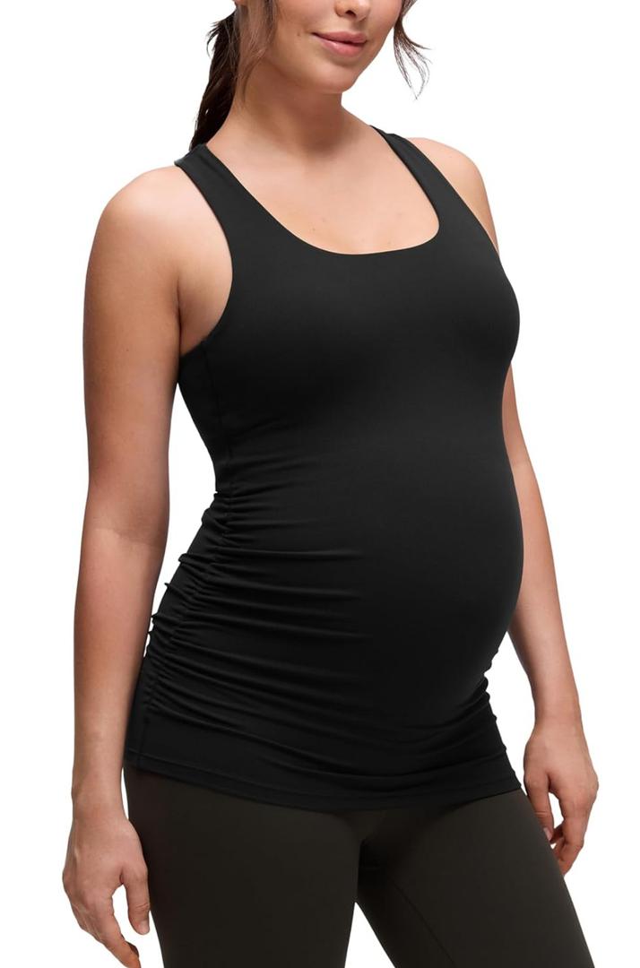 CRZ YOGA Butterluxe Maternity Racerback Tank Tops - Ruched Sleeveless Womens Pregnancy Yoga Workout Shirt with Built in Bra. Size S