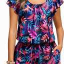 Tempt Me Women One Piece Romper Swimsuit - Ruffle Sleeve Modest Jumpsuit Bathing Suit with Shorts 2026 Swimwear, Large, Colorful Leaves