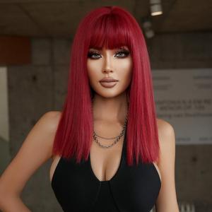 PARK YUN 18 Inch Straight Red Bob Blunt Cut Wig with Full Bangs Deep Wine Red Synthetic Wig for Women Natural Looking Heat Resistant Fiber Daily Used Wearing