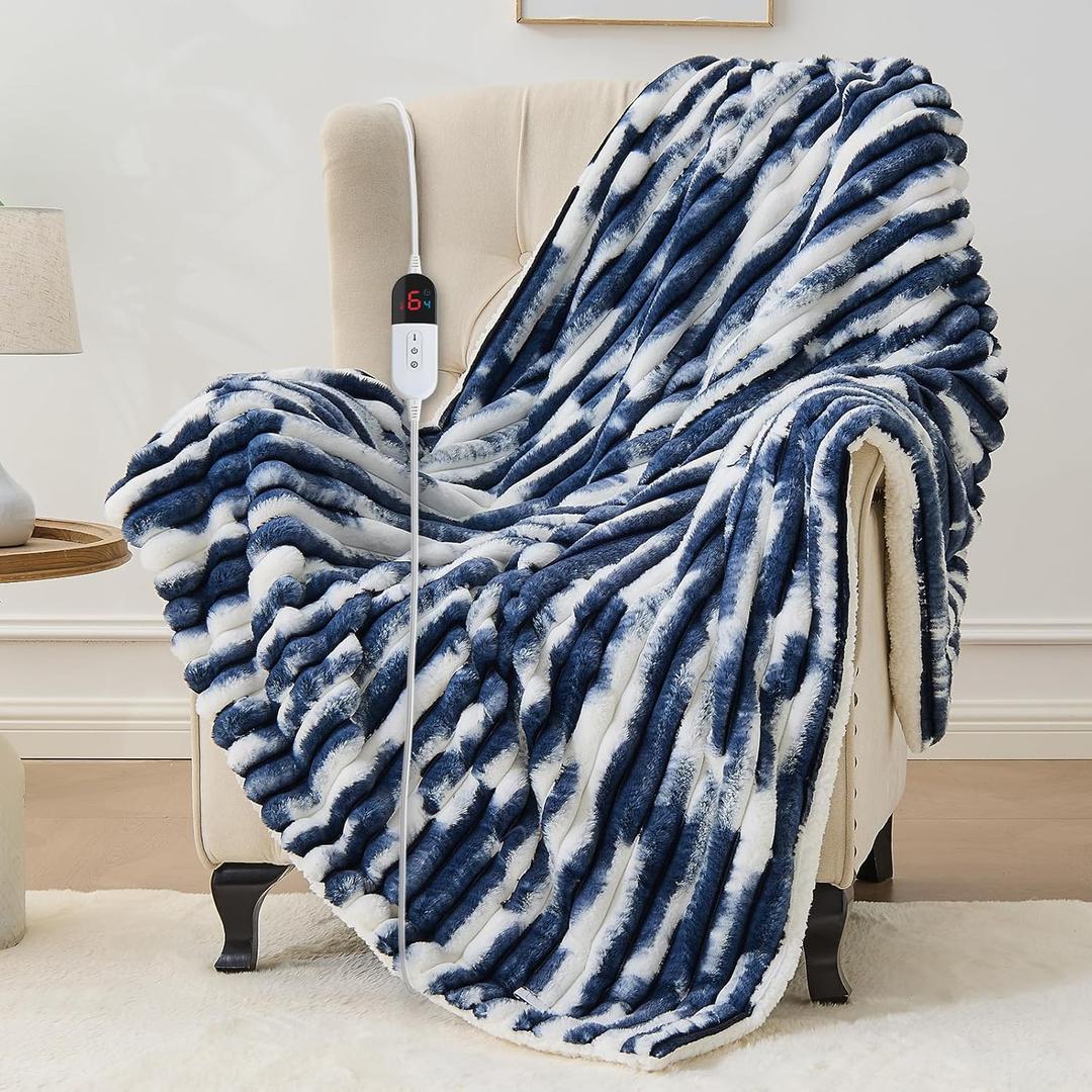 Heated Blanket Throw - 50"x60" Fast Heating Bed Electric Blankets Throw with 6 Heating Levels & 4 Hours Auto Off, Soft Ribbed Faux Fur Sherpa, Over-Heated Protection ETL, Navy Blue