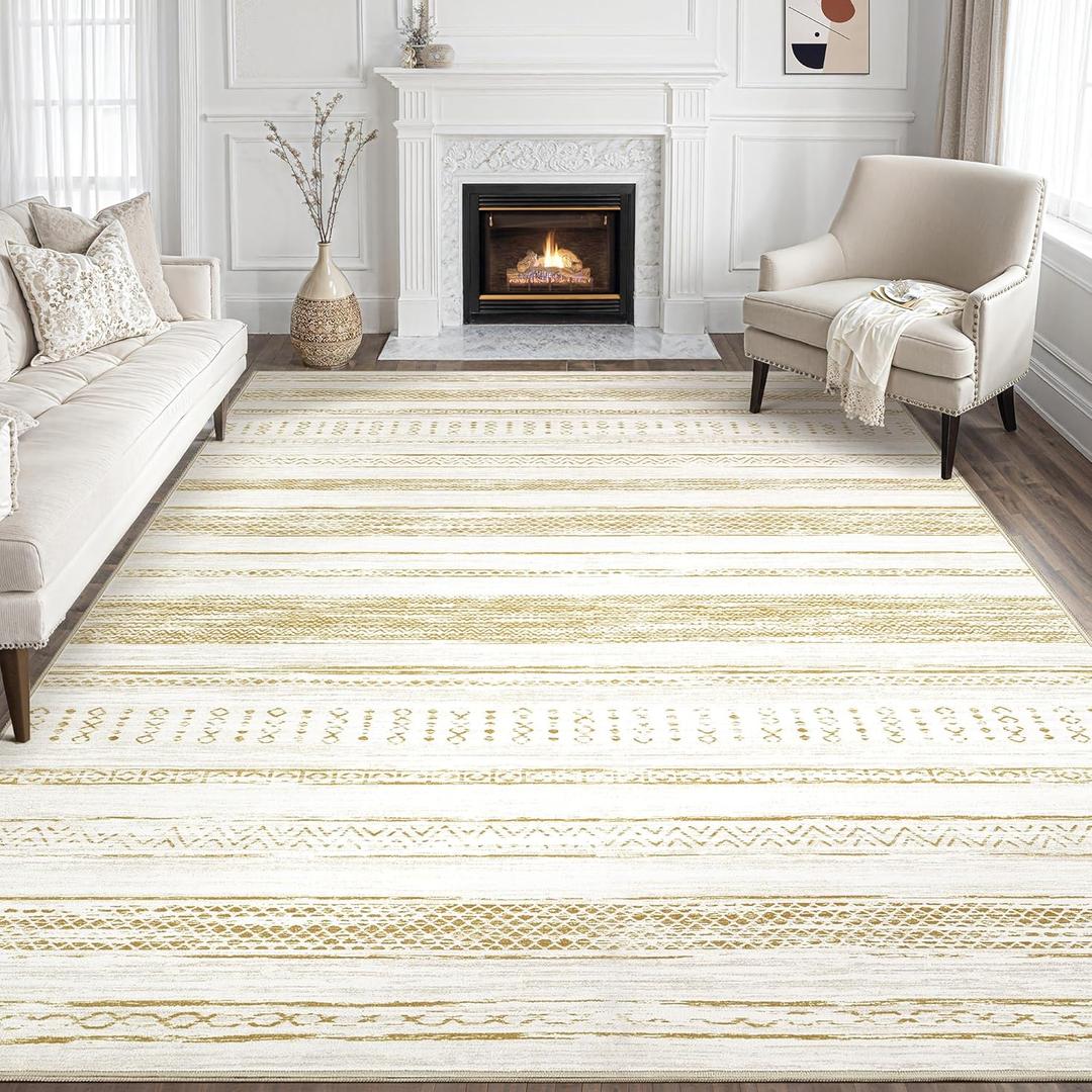 Tortania Area Rug Living Room Rugs - 8x10 Washable Large Soft Neutral Boho Moroccan Bohemian Farmhouse Rug Indoor Floor Carpet for Bedroom Under Dining Table Home Office Decor - Golden
