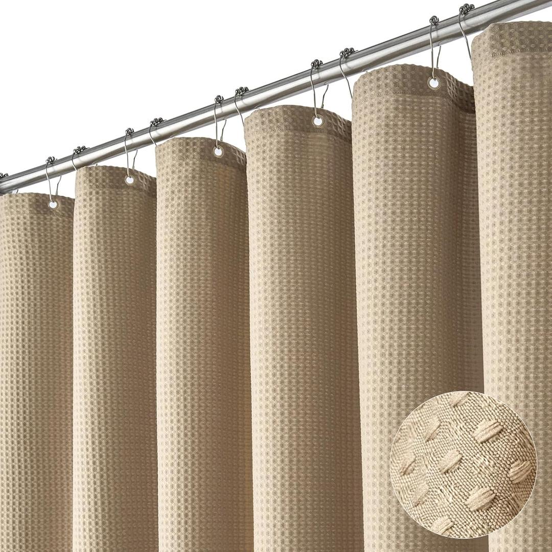 Dynamene Beige Fabric Shower Curtain - Waffle Textured Heavy Duty Cloth Shower Curtains for Bathroom, 256GSM Hotel Spa Luxury Weighted Bath Curtain Set with 12 Plastic Hooks,72x72, Beige/Khaki