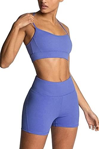 Workout Sets for Women 2 Piece Yoga Outfit: Tracksuits High Waisted Running Biker Shorts with Adjustable Strap Sport Bra Exercise Running Clothes Athletic Gym Sets Matching Active Wear Blue, Large