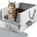Stainless Steel Cat Litter Box with Lid, Large Metal Litter Box Stainless Steel with Mat & Scoop, Odor-Free/Anti-Leakage & Non-Stick/Easy Clean, High-Sided Litter Box for Multiple Big Cats(XL/Grey)
