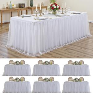 White Tulle Tablecloth for 8 FT Rectangle Tables 6-Pack, Ideal for Weddings | Double-Layer Table Cover with Tutu Skirt, Wrinkle Free for Baby Showers, Birthday Parties, Banquet Buffets and Craft Fairs