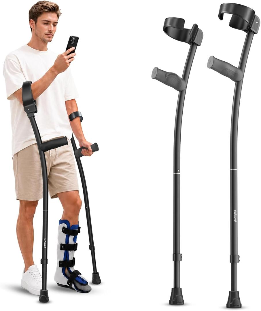 Rehand Forearm Crutches for Adults, Foldable and Height Adjustable Elbow Crutche with Ergonomic Handgrips, 90° Rotatable Elbow Rest, 300-lb Capacity, Magnetic Grip (x2 Units)