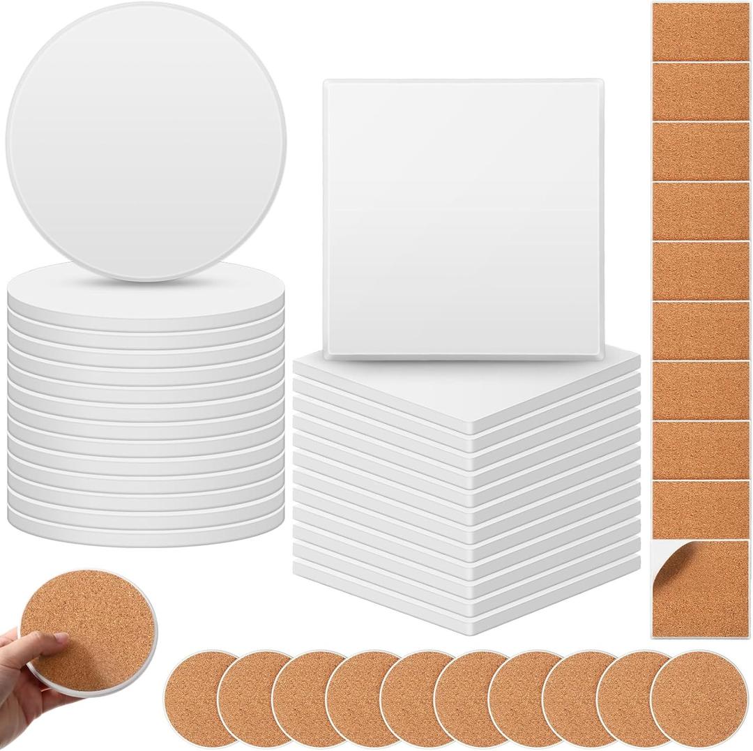 Zopeal 48 Pcs Ceramic Tiles for Crafts Coasters Include Unglazed White Ceramic Tiles with Cork Backing Pads Use with Alcohol Ink Acrylic Pouring for DIY Project Gift (Square,Round)