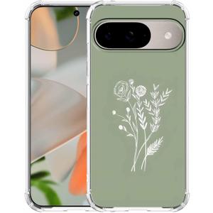 Green Flower Aesthetic Abstract Minimalism Floral Pattern,Trendy Soft TPU Full Cover Case for Google Pixel 9/9 Pro