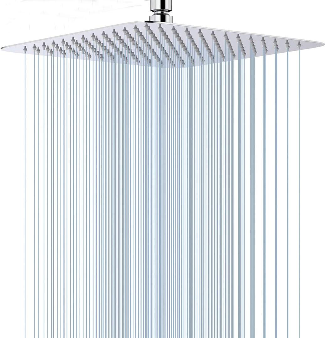 GGStudy 12 Inches Square Rain Shower Head Large Stainless Steel High Pressure Shower Head Ultra Thin Rainfall Bath Shower with Silicone Nozzle Easy to Clean and Install Chrome Shower Head