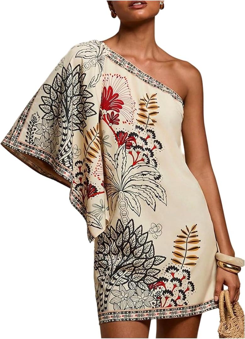 Floerns Women's Floral One Shoulder Mini Dress Dolman Sleeve Vacation Tunic Dresses (Brown, M)