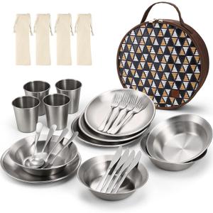 Odoland Stainless Steel Camping Mess Kit for Family & Person, Cooking Tableware Utensils with Plates Bowls Forks Spoons Knives & Savings Bag for Camping, Backpacking, Hiking, Picnic