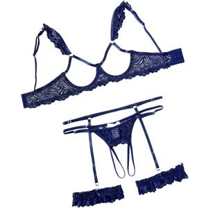 Avidlove Sexy Lingerie for Women Underwire Floral Lace Bra and Panty Garter Lingerie Sets (Medium, Navy Blue)