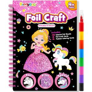 FUNNYB&G Foil Art Craft Kit for Girls 4-10 Years Old: Mess-Free & No-Glue, Create 16 Sparkly Princess Unicorn Pictures – Perfect Travel Toy & Birthday Gift for Kids (Princess)