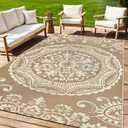 Capslpad 5x8 Outdoor Rug Waterproof Beige Boho Floral Patio Carpet Portable Plastic Straw Rug Foldable Outside Carpet with Carry Bag for RV Backyard Balcony Bench Picnic Porch