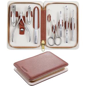 MR.GREEN 9-in-1 Manicure & Pedicure Set  Professional German Stainless Steel Nail Clippers Grooming Kit with Splash-Proof Nail Clipper & Genuine Leather Travel Case (Cognac Brown)