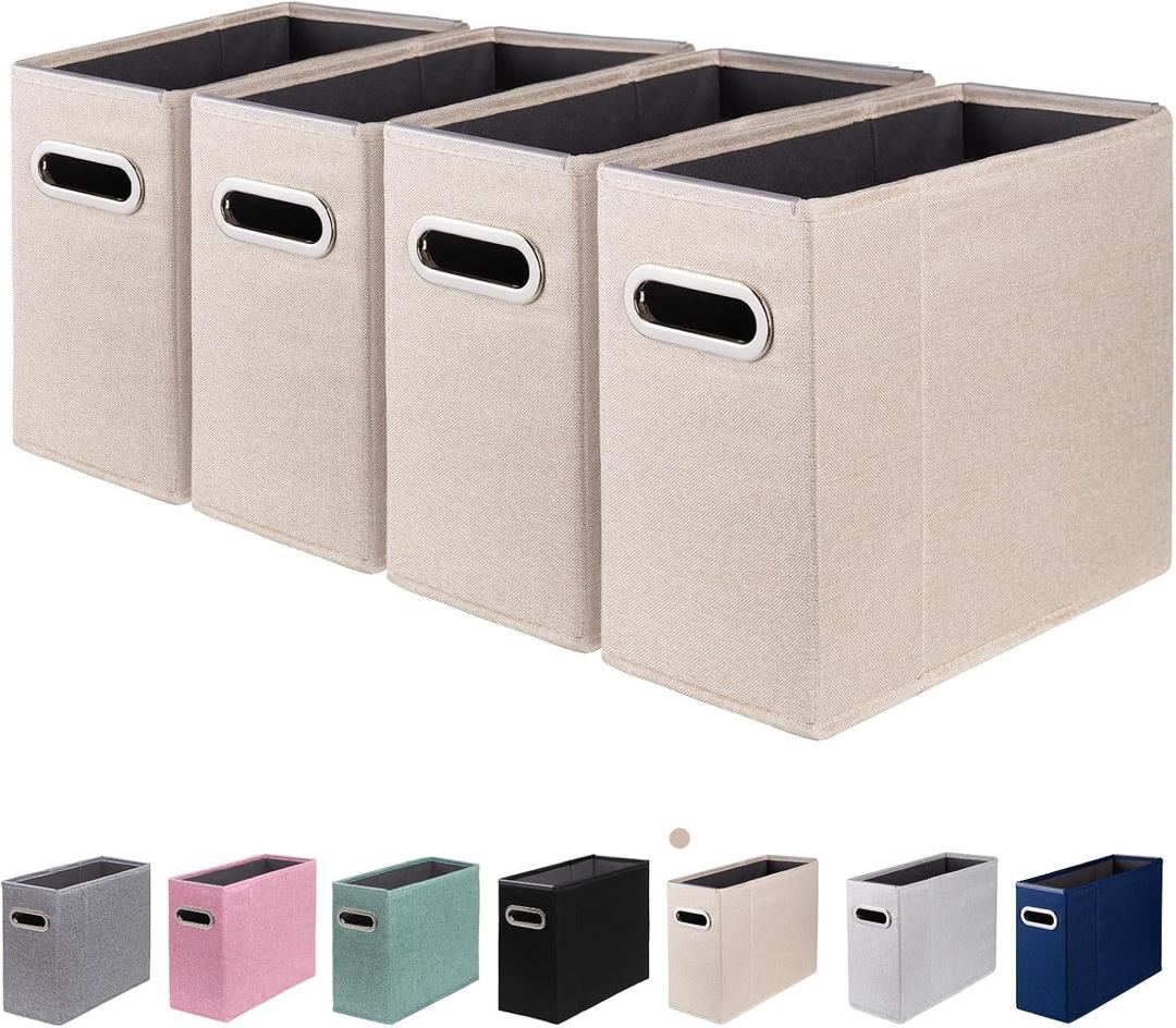 4 Packs Letter Size File Organizer, File Folders Organizer, Fabric Storage Box, Collapsible Paper Organizer with Metal Handle, Smooth PVC Rails, Only Box (Beige)