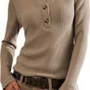 Jar of Love Women's Waffle Knit Tops Long Sleeve Shirts Henley Tops V-Neck Button Down Thermal Shirts Fall Outfits (Beige, L)