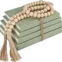 Linen Covered Decorative Books 4 Pieces, Neutral Home Decor Coffee Table Books with Wooden Beaded Tassel, Stacked Books for Rustic Farmhouse Modern, Boho, Bookshelf, Fireplace Mantel Dcor, Sage
