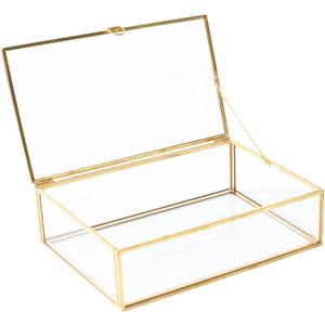 Large Vintage Golden Lidded Glass Box, Rings Bracelet Organizer Home Decor, Edge Bracelet Decorative Jewelry Display Box(10.8x7x3.9 inch)