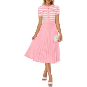 ZESICA Women's 2026 Casual Striped Midi Dress Crewneck Short Sleeve Button Ribbed Knit Swing Pleated A Line Dresses (Pink, S)