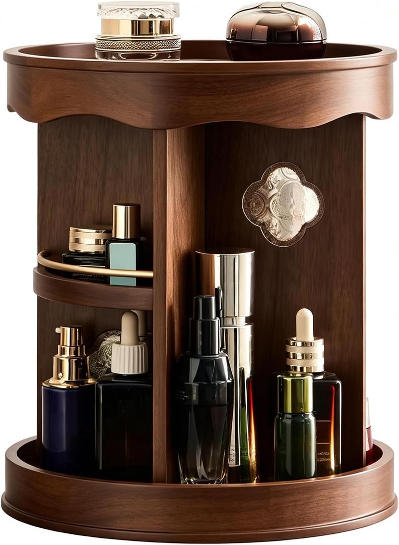 360° Rotating Walnut Wood Makeup Organizer, 11.2" Cosmetic Caddy