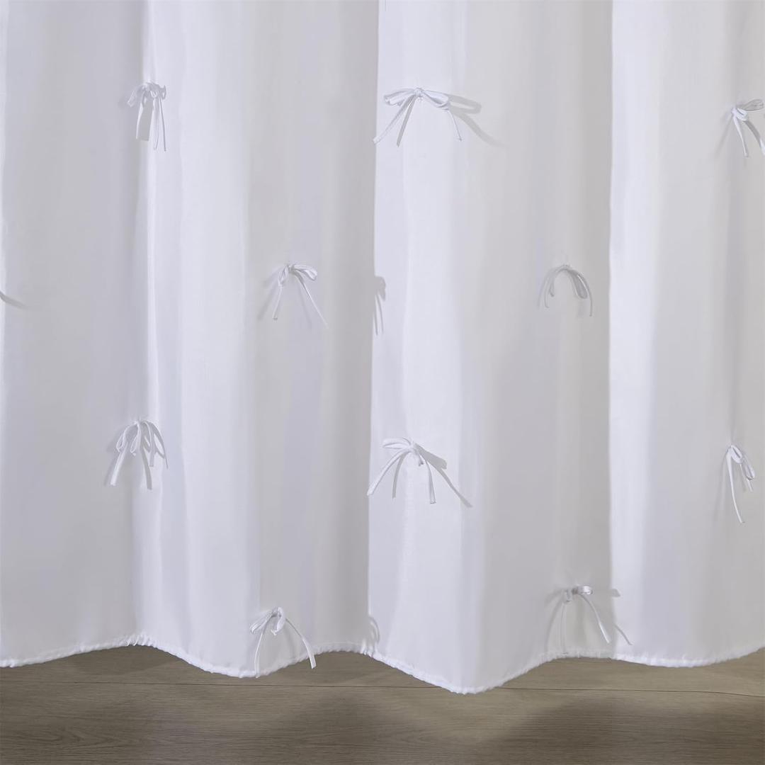 White Bow Fabric Shower Curtain Set for Teens Girls Funky Bathroom Decorations, Boho Cute Elegant Pretty Coquette Aesthetic Bathroom Shower Curtain Set with Hooks Machine Washable, 72"W x 72"L