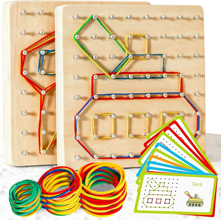2Pack Wooden Geoboard Montessori Toys - Wood Geo Board Manipulative Geoboards for 4 5, 6 Year Old Kids with Pattern Cards and Rubber Bands, Brain Teaser STEM Toy for Boys Girls Ages 3-6