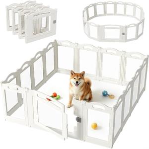 Foldable Clear Acrylic Dog Playpen with Door, 23.6" Acrylic Puppy Playpen, Easy Assemble Indoor Pet Fence with White Frame, Clear Dog Playpen for Puppies & Animal (White, 23.6‘H, 14 Panels + 1 Door)