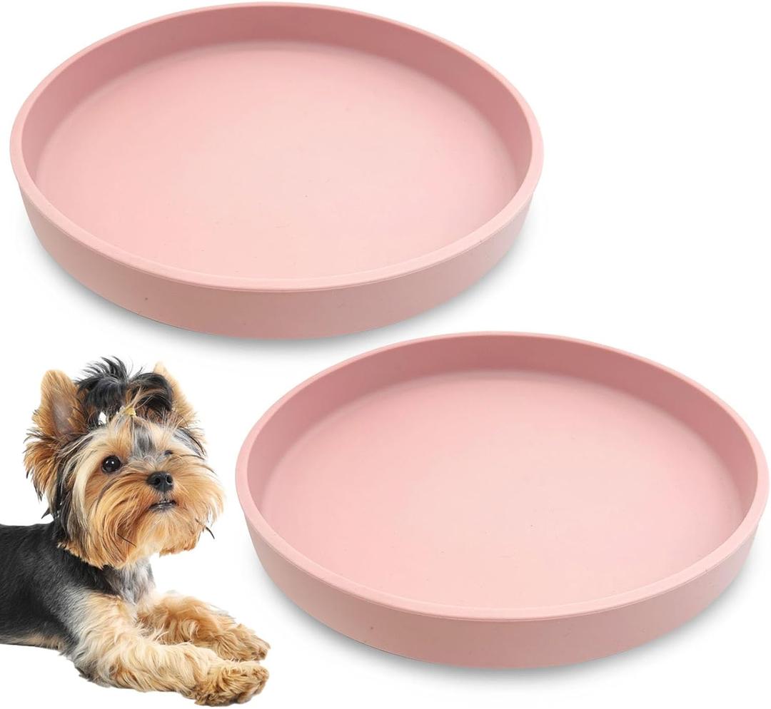 Silicone Dog Bowl Shallow Cat Food Bowls 7" Wide Puppy Plates Whisker Fatigue Pet Feeding Dishes Set of 2 for Dry Food and Wet Food Indoor (Round Pink)