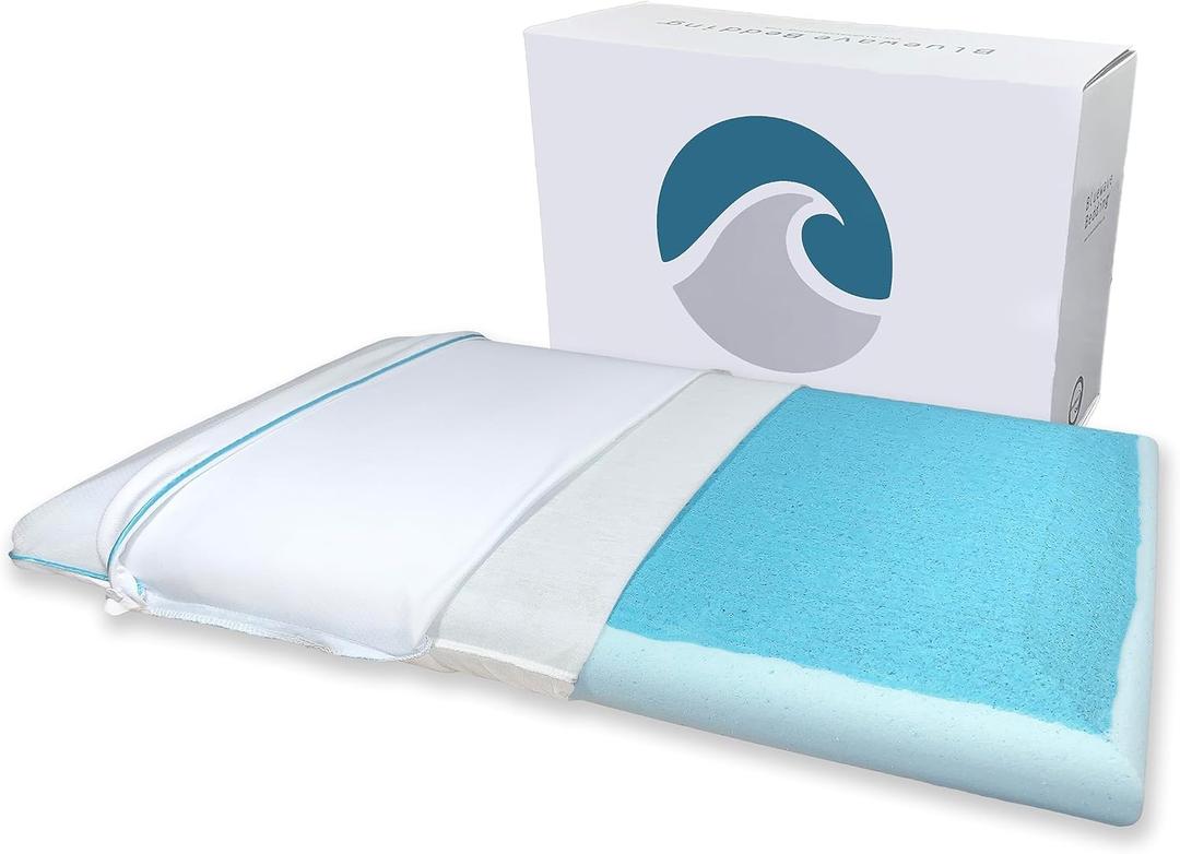 Bluewave Bedding Extra Slim Max Cool CarbonBlue Gel Memory Foam Pillow for Stomach and Back Sleepers - Thin, Flat Design with Advanced Cooling (1.75-Inch Height, Standard Size)