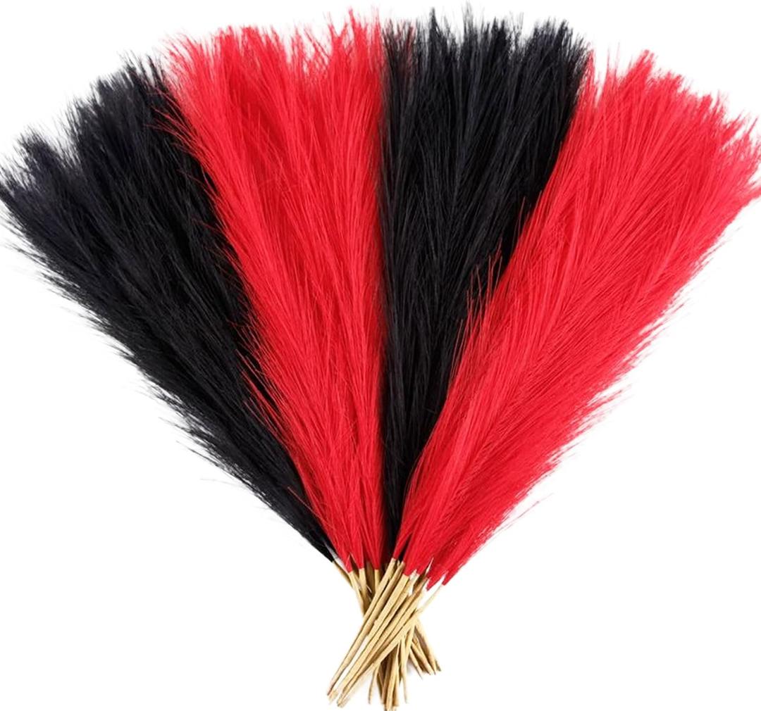 Pampas Grass Small Black&Red, 30 Pcs 17" Halloween Steems Faux Pampas Grass Short Decor, Pompas Grass Flower Arrangement and Vase Filler for Boho Home Wedding Decoration