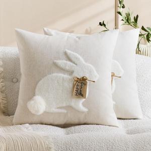  Easter Throw Pillow Covers,20" x 12" (Pack of 2) Inch,Gold Trim Bunny Embroidered Bunny Spring Decor Soft Living Room Easter Decorative Pillow Cases