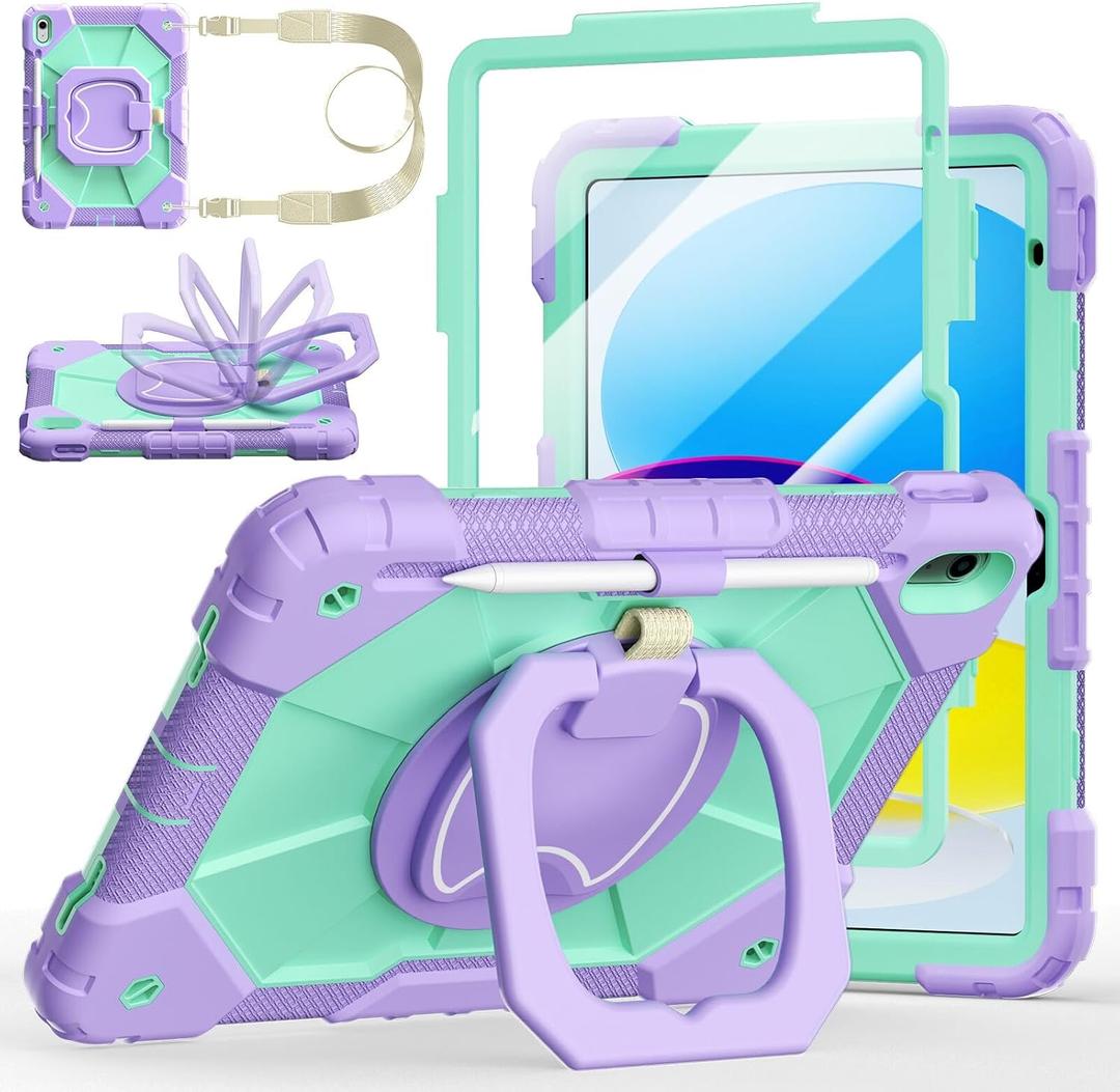 Case for iPad A16 11th/10th Generation 11 inch/10.9 inch 2025/2022, Ubearkk for iPad a16 case with Screen Protector, 360 Degree Rotating Stand Shoulder Strap Pencil Holder Purple Mint