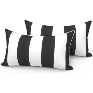 LVTXIII Set of 2 Outdoor Lumbar Pillows for Patio Furniture with White Piping, 12"x20" Fade Resistant Patio Lumbar Pillows with Inserts for Home Coach Sofa Use, Cabana Black