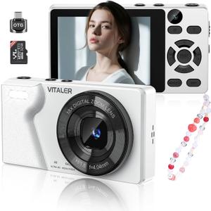 Digital Camera with Front Rear Lens, Autofocus 64MP 4K Camera for Photography with 32GB Card, Portable Compact Point and Shoot Camera for Teens Adult Beginner with Metal Shell, 2000mAh Battery (White)