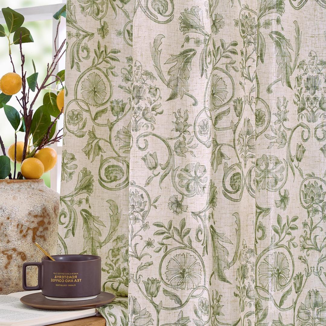 jinchan Linen Floral Curtains for Living Room with Printed Flower 84 Inches Long Light Filtering Farmhouse Window Treatment Vintage Drapes Back Tab Rod Pocket 2 Panels Green on Beige