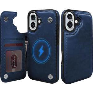 TopPerfekt Wallet Case for iPhone 16 6.1", Compatible with MagSafe, Dropproof Heavy Duty Tough Rugged Shockproof, Leather Card Holder Kickstand Protective Cover Magnetic Phone Flip Case-Blue
