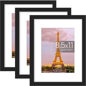 upsimples 8.5x11 Picture Frame Set of 3, Made of High Definition Glass for 6x8 with Mat or 8.5x11 Without Mat, Wall and Tabletop Display Photo Frames, Black