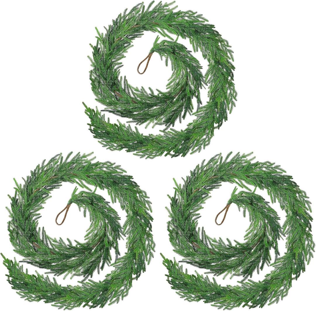 3PCS Christmas Norfolk Pine Garland,6ft Artificial Green Garland Holiday Decoration Outdoor Indoor for Stairs Railing Fireplace