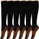 Graduated Copper Compression Socks 6 Pairs Anti Fatigue Knee High Socks for Men Women Pain Ache Relief Stockings 15-20 mmHg (L/XL, Black)