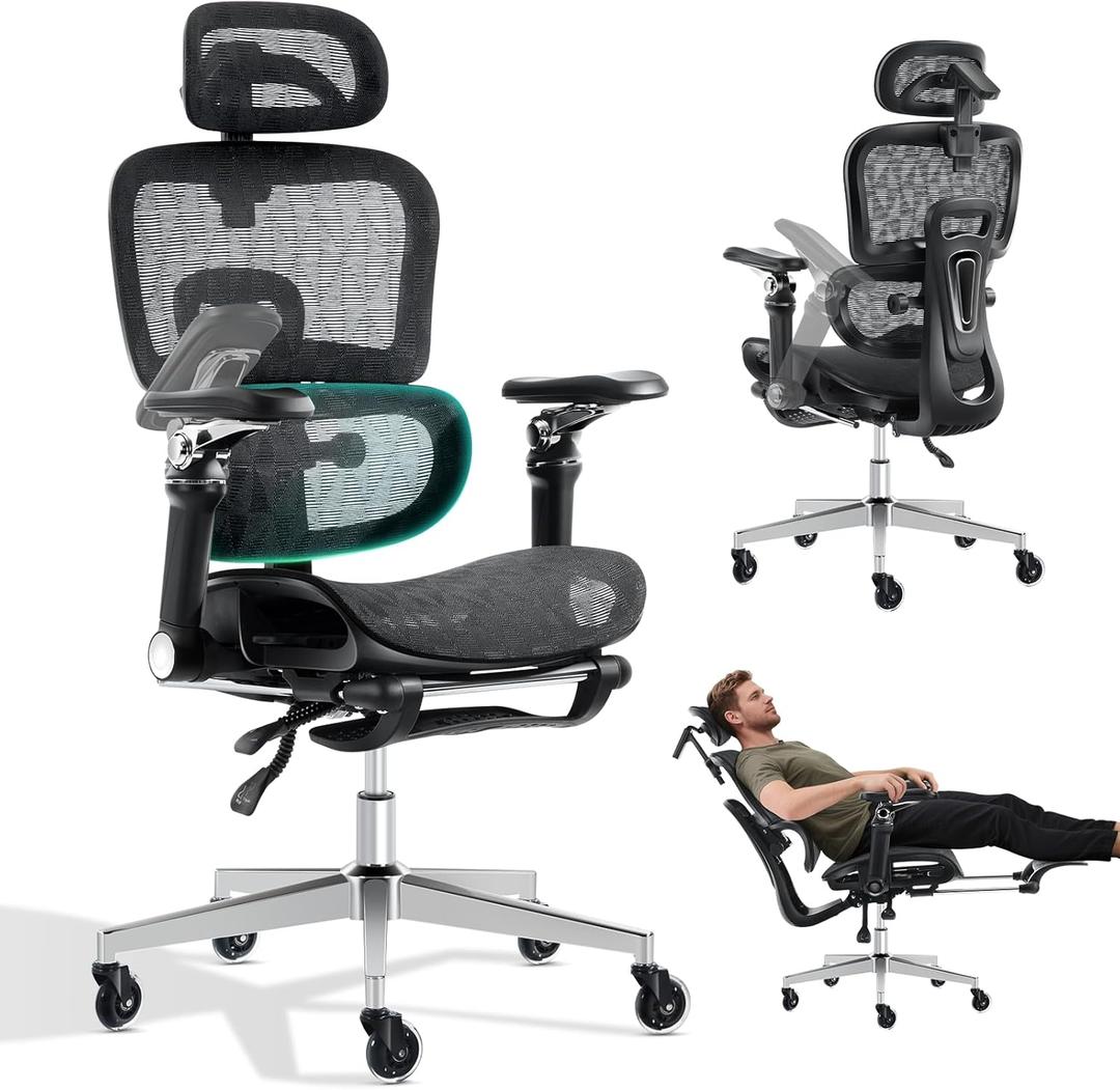 Ergonomic Office Chair with 9D Arms, Adjustable Seat Depth, 3D Lumbar Support, 135 Recline, 3D Headrest & Footrest, Mesh Computer Desk Chair - Ultimate Comfort for Home & Executive Office Black