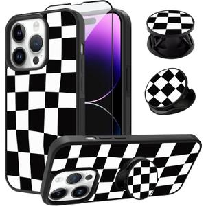 SAKUULO Compatible with iPhone 14 Pro Case, [Screen Protector + Kickstand] Plaid Checkered Aesthetic Cute Design,Tire Texture Anti-Slip Shockproof Ultra Thin Protective Case 6.1inch