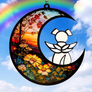 3 x Dog Memorial Gifts for Loss of Dog Suncatcher, White Angel Dog on Sunset Moon Dog Beverage Acrylic Ornaments Decor Window Wall Sympathy Gift for Dog Lover